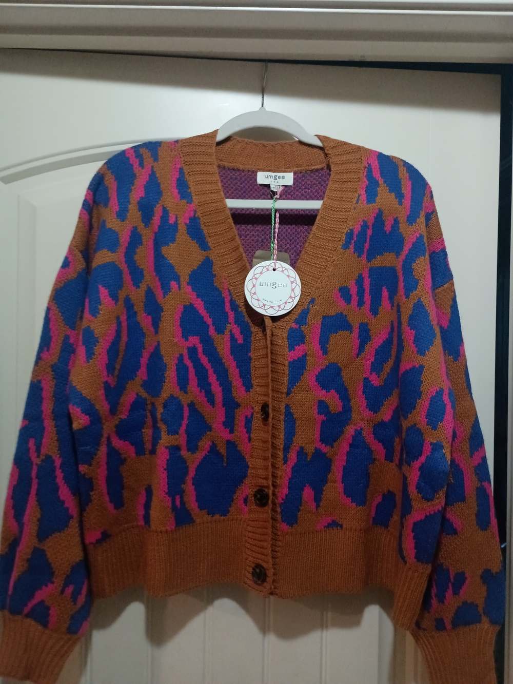 Umgee Rust Brown, Blue & Pink Leopard Print Button Cardigan